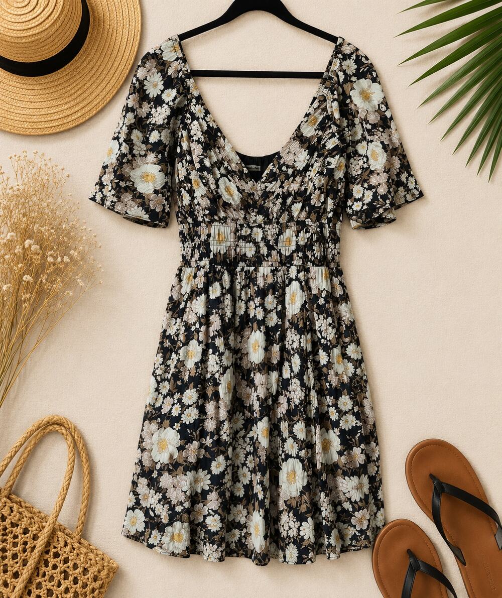 Abercrombie & Fitch Women's Floral Smocked Waist Mini Dress Angel Sleeve SZ XLT